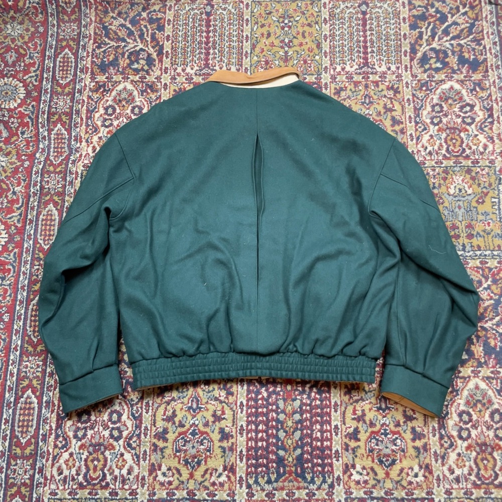VTG 80s 90s Bullock & Jones Wool Leather Trim Bomber Jacket Green 44 Harrington - Picture 2 of 8